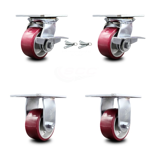4 Inch Poly on Aluminum Caster Brakes/Swivel Locks and 2 Rigid SCC, 2PK